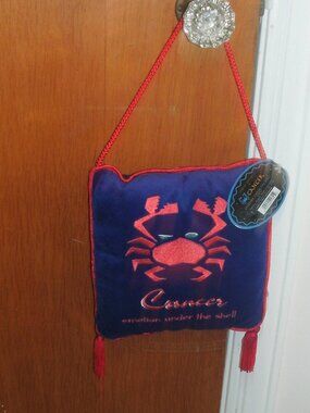 NWT Plush Blue & Red Embroidered Zodiac CANCER Pillow Door hanging Cushion 8"x8"